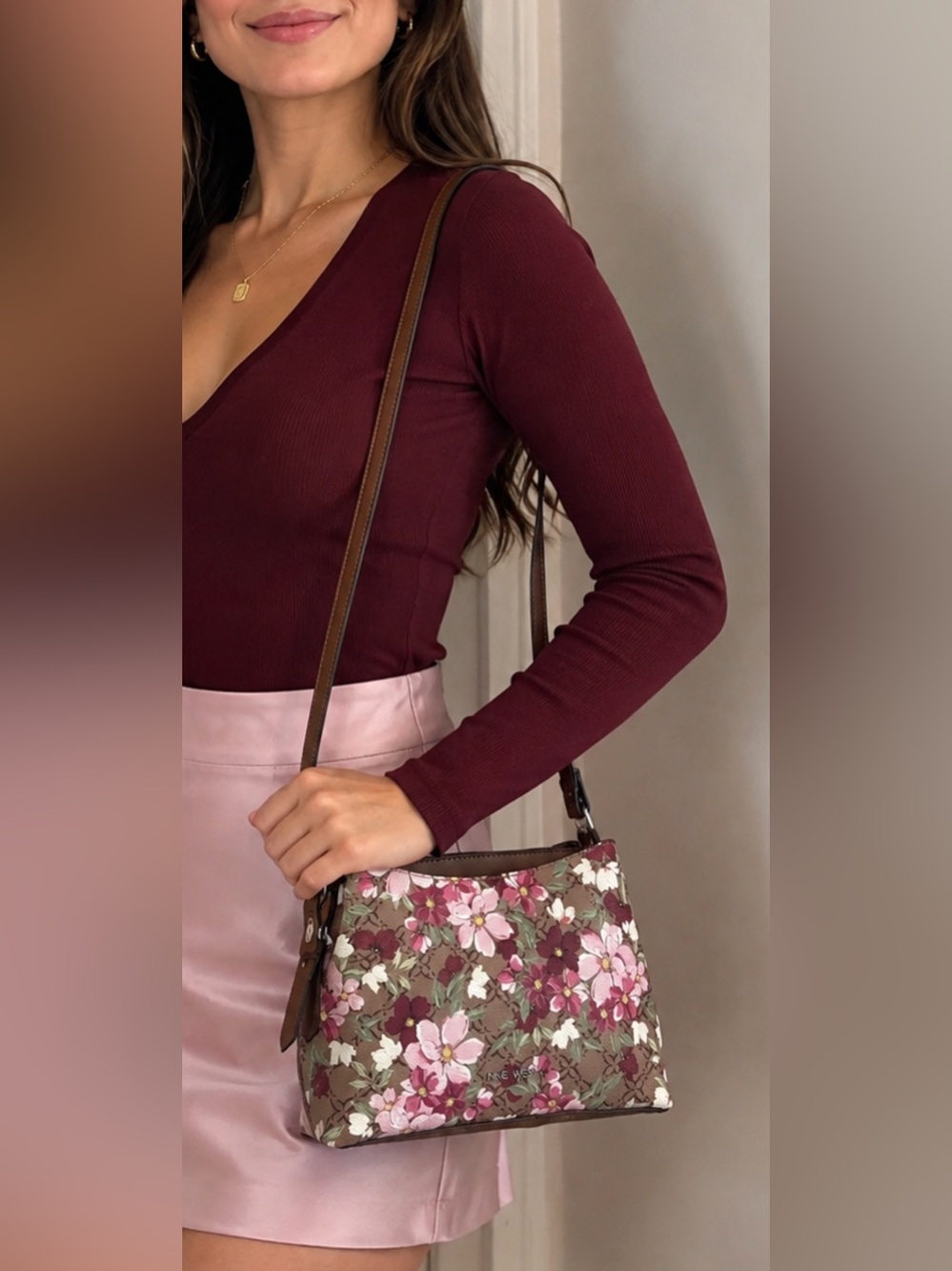 Nine West Floral Crossbody Bag - Brown & Pink Brand new without tag.